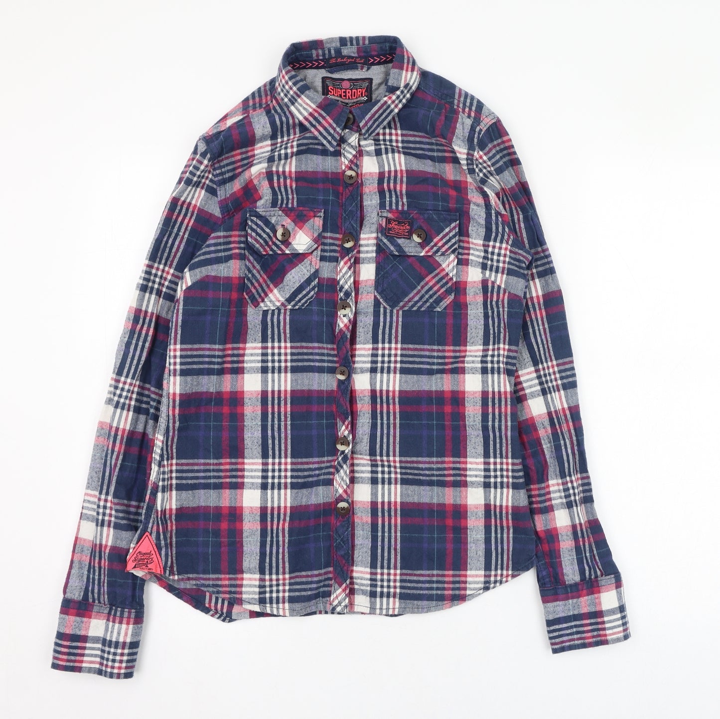 Superdry Womens Blue Check Cotton Basic Button-Up Size M Collared