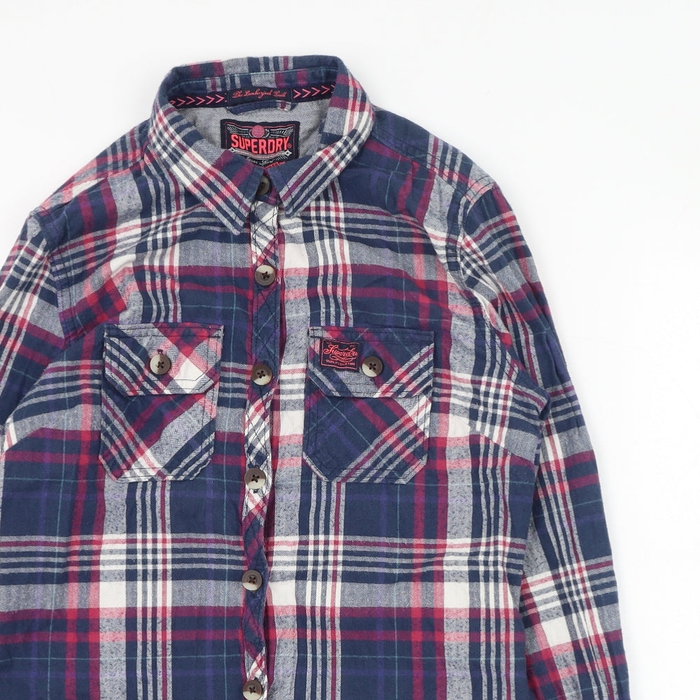 Superdry Womens Blue Check Cotton Basic Button-Up Size M Collared