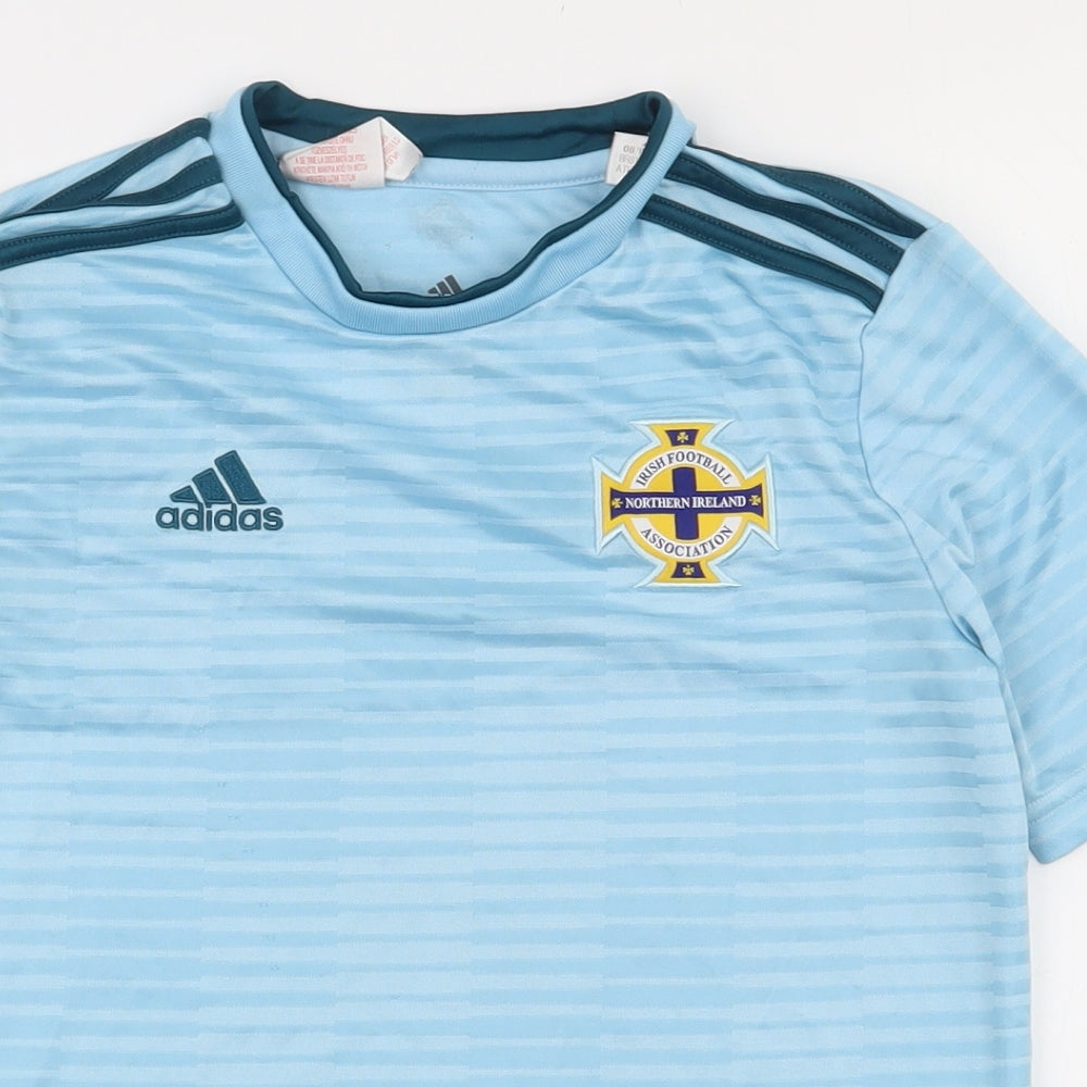 adidas Boys Blue Striped Polyester Basic T-Shirt Size 11-12 Years Crew Neck Pullover