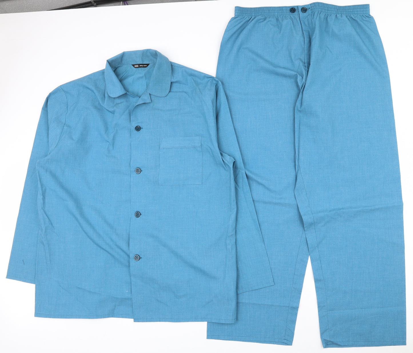 Marks and Spencer Mens Blue Solid Polyester  Pyjama Set Size L  Button
