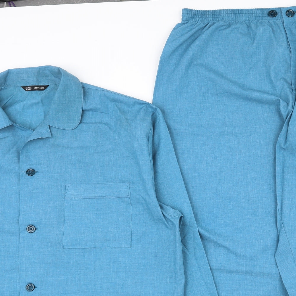 Marks and Spencer Mens Blue Solid Polyester  Pyjama Set Size L  Button