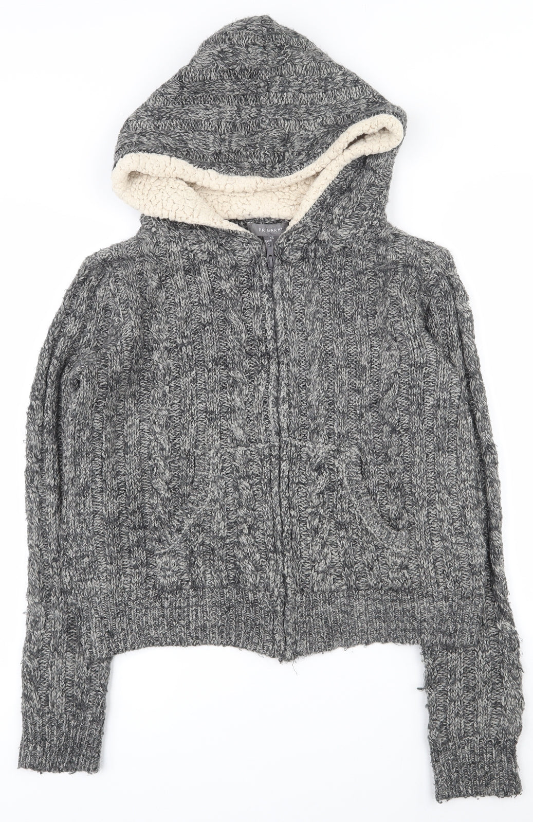 Primark Womens Grey  Acrylic Full Zip Hoodie Size 4  Zip - Cable knit