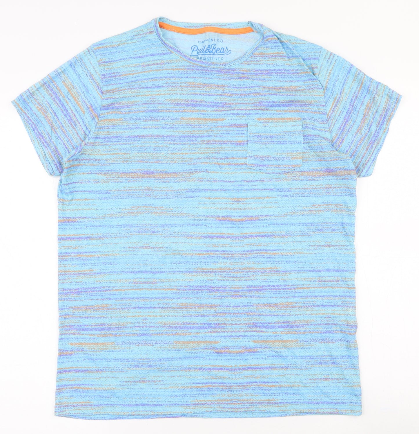 Pull&Bear Mens Blue Striped Polyester  T-Shirt Size L Crew Neck