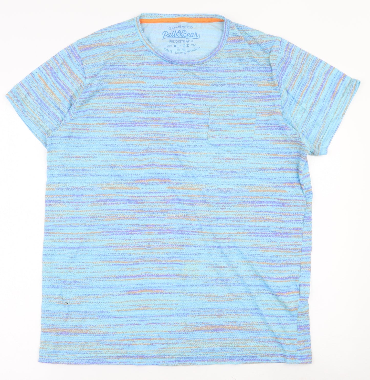 Pull&Bear Mens Blue Striped Polyester  T-Shirt Size XL Round Neck