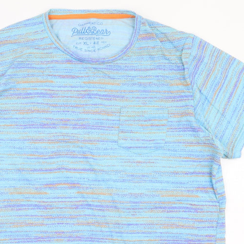Pull&Bear Mens Blue Striped Polyester  T-Shirt Size XL Round Neck