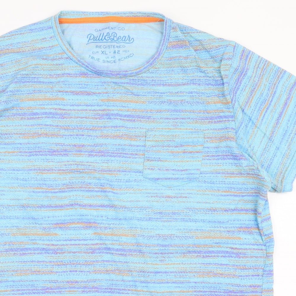 Pull&Bear Mens Blue Striped Polyester  T-Shirt Size XL Round Neck
