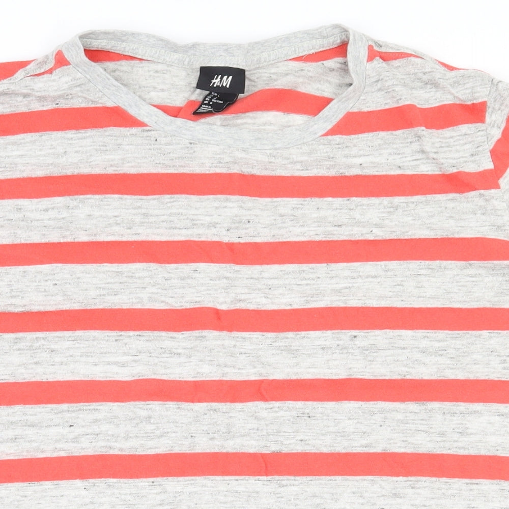 H&M Womens Grey Striped Linen Basic T-Shirt Size L Round Neck