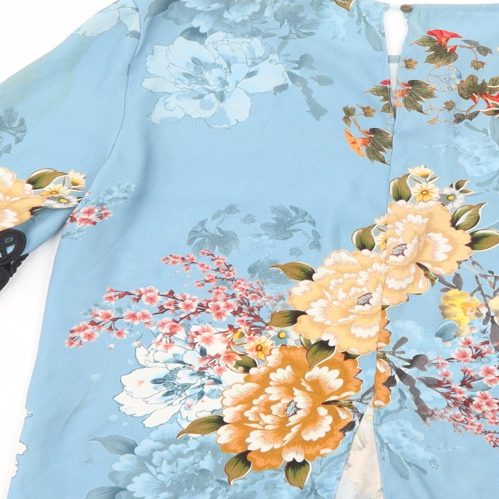 River Island Womens Blue Floral Polyester Basic Blouse Size 10 Boat Neck
