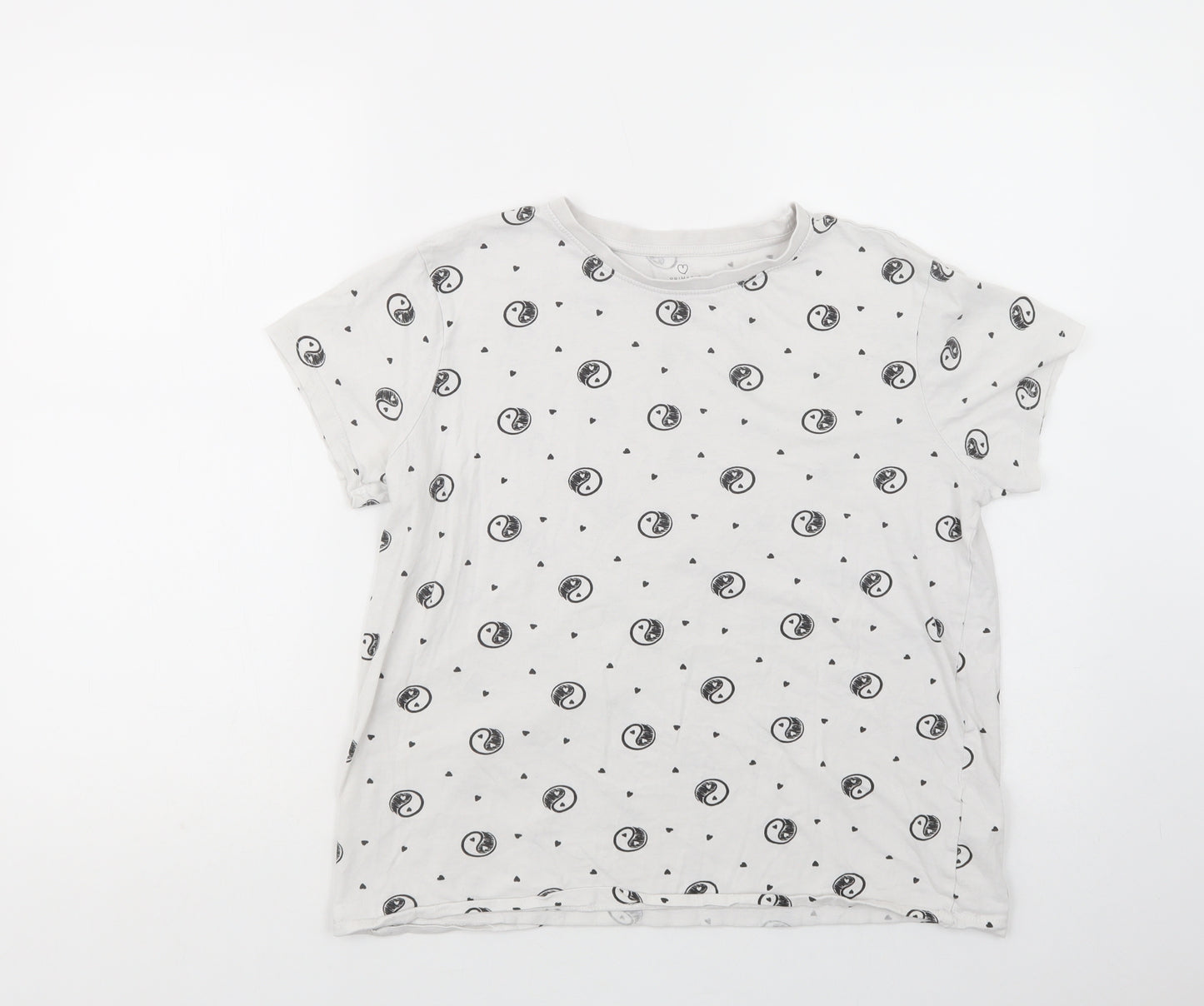 Primark Womens White Geometric Cotton Basic T-Shirt Size M Crew Neck - Yin Yang