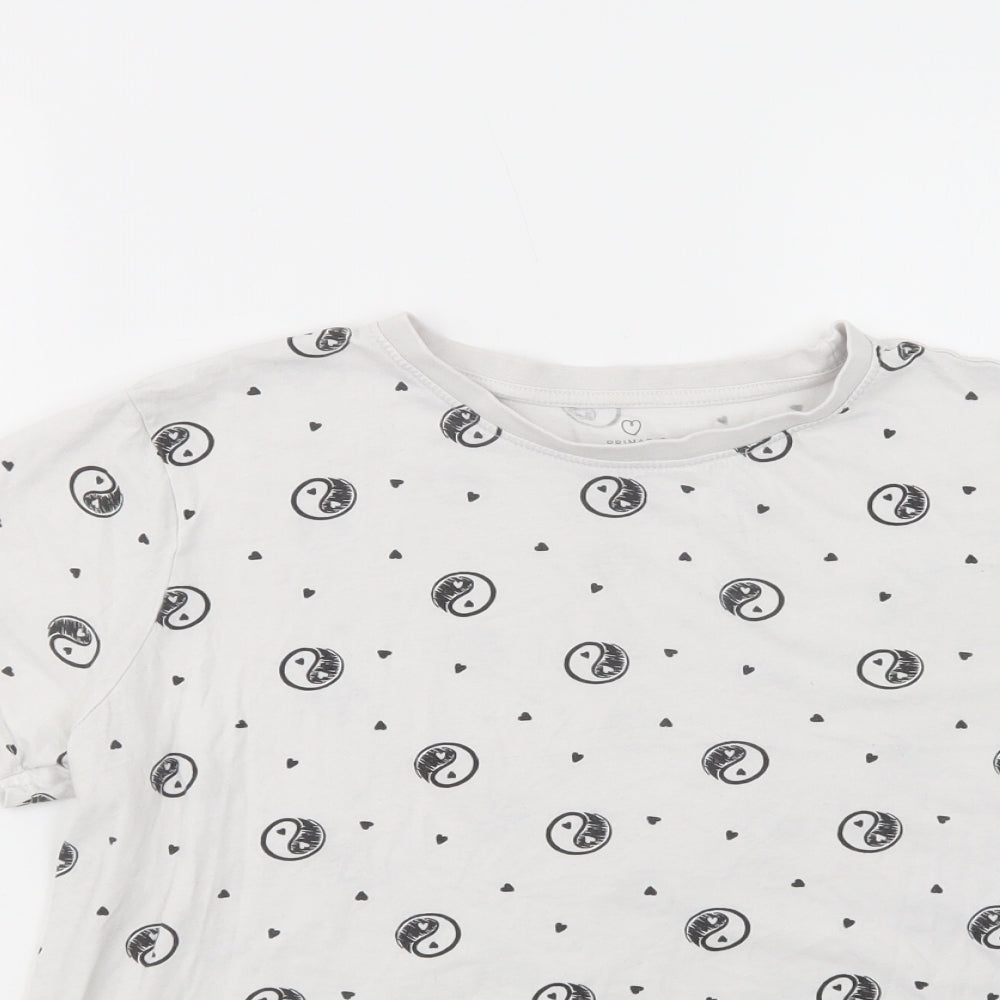 Primark Womens White Geometric Cotton Basic T-Shirt Size M Crew Neck - Yin Yang