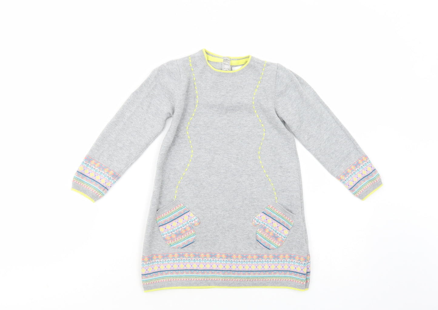 Marks and Spencer Girls Grey Fair Isle Cotton Jumper Dress  Size 3-4 Years  Crew Neck Button