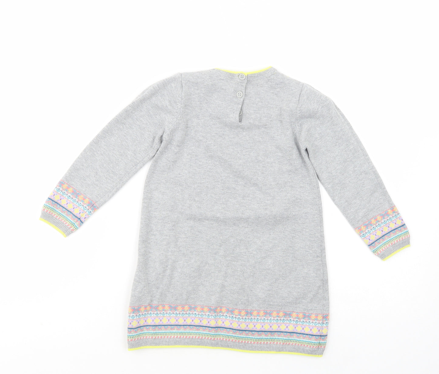 Marks and Spencer Girls Grey Fair Isle Cotton Jumper Dress  Size 3-4 Years  Crew Neck Button