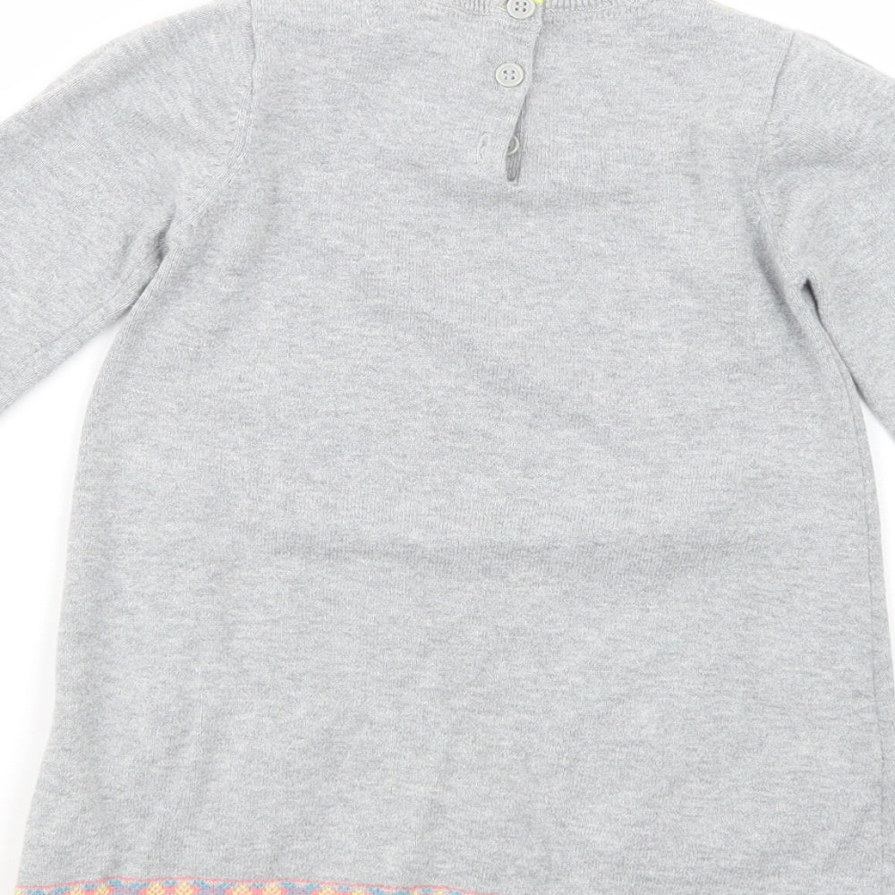Marks and Spencer Girls Grey Fair Isle Cotton Jumper Dress  Size 3-4 Years  Crew Neck Button