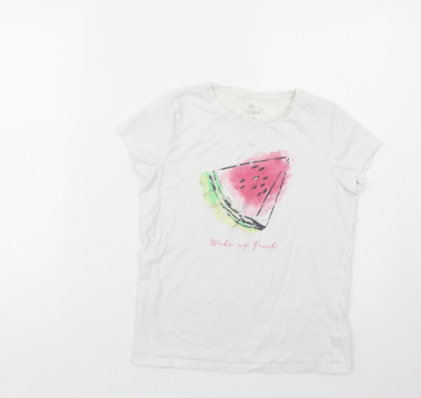 F&F Girls White  Cotton Pullover T-Shirt Size 10-11 Years Crew Neck Pullover - Watermelon