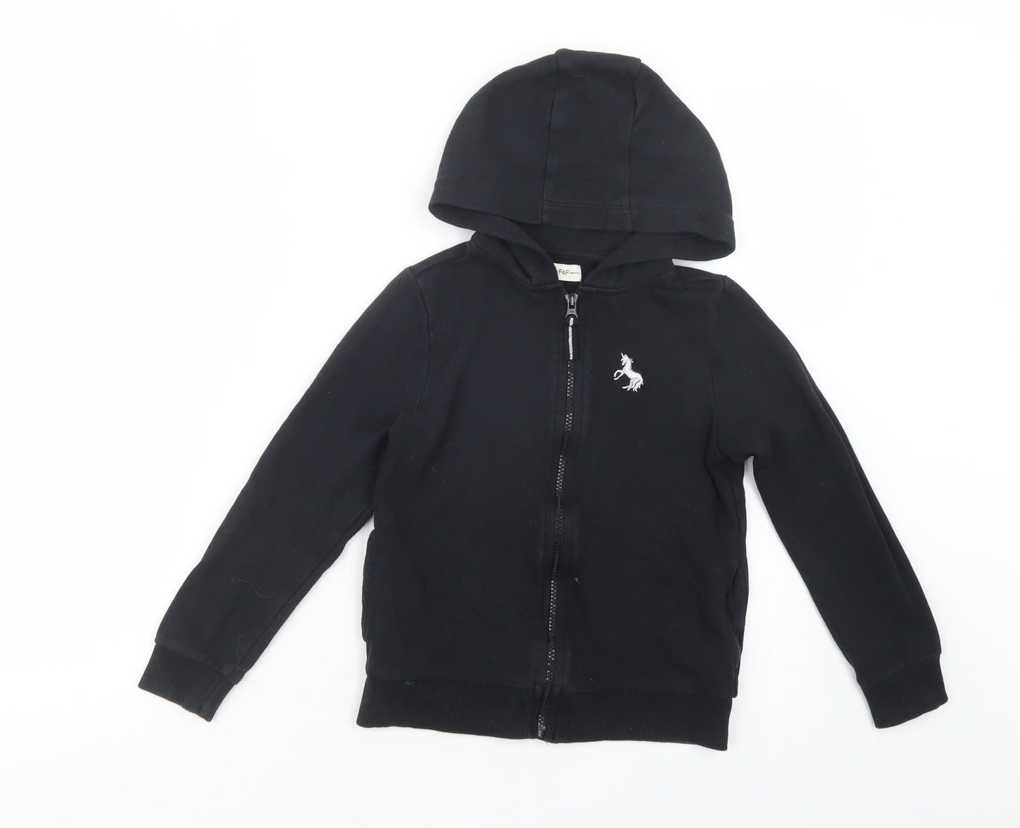 F&F Girls Black  Cotton Full Zip Hoodie Size 8-9 Years  Zip - Unicorn