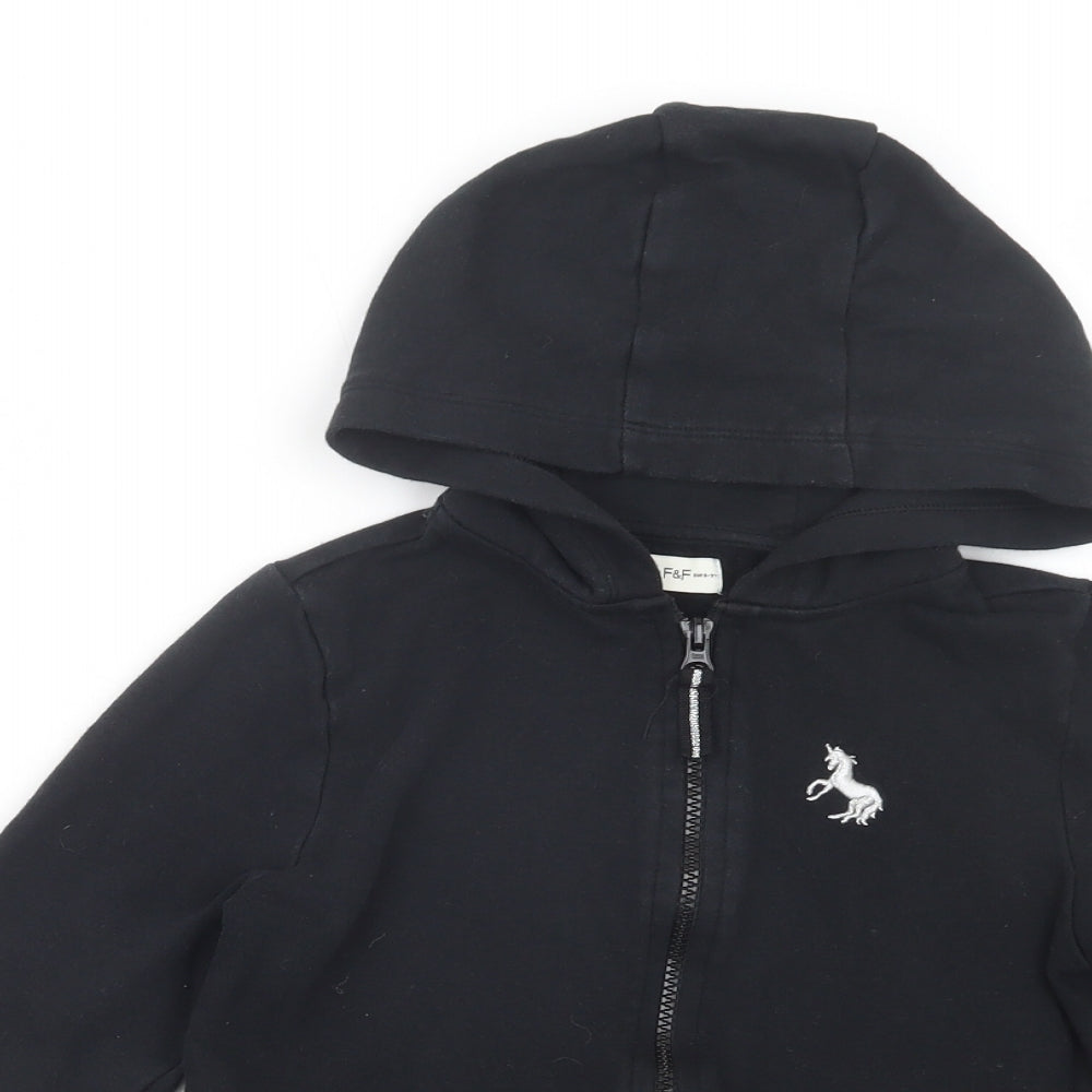 F&F Girls Black  Cotton Full Zip Hoodie Size 8-9 Years  Zip - Unicorn
