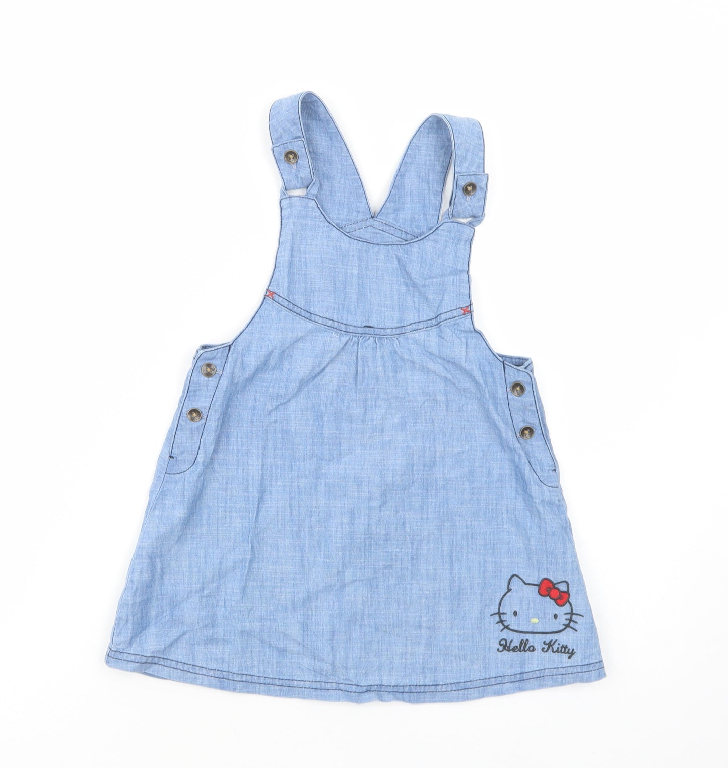 Marks and Spencer Girls Blue  Cotton Pinafore/Dungaree Dress  Size 3-4 Years  Scoop Neck Button - Hello Kitty
