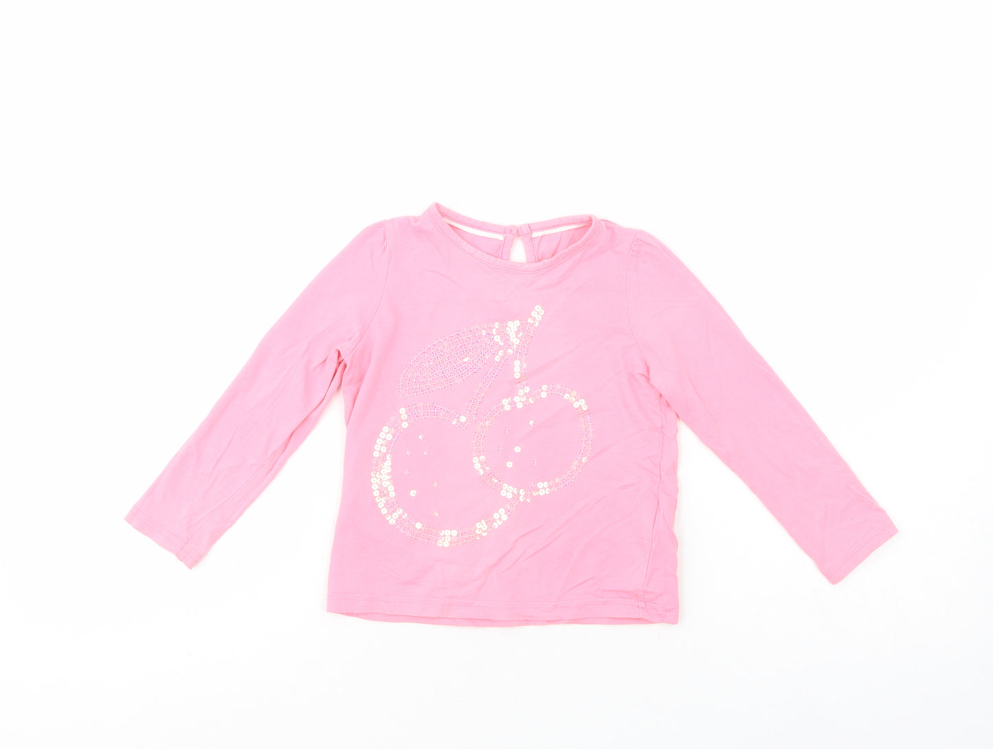 Marks and Spencer Girls Pink  Cotton Pullover T-Shirt Size 3-4 Years Crew Neck Button - Cherry