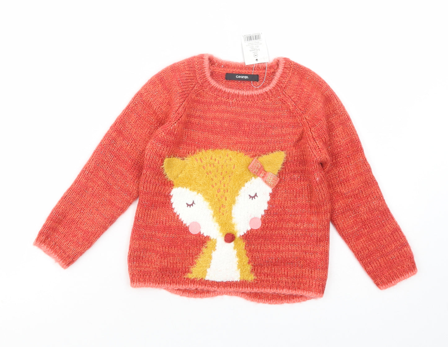 George Girls Orange Crew Neck  Acrylic Pullover Jumper Size 3-4 Years  Pullover - Cute Fox