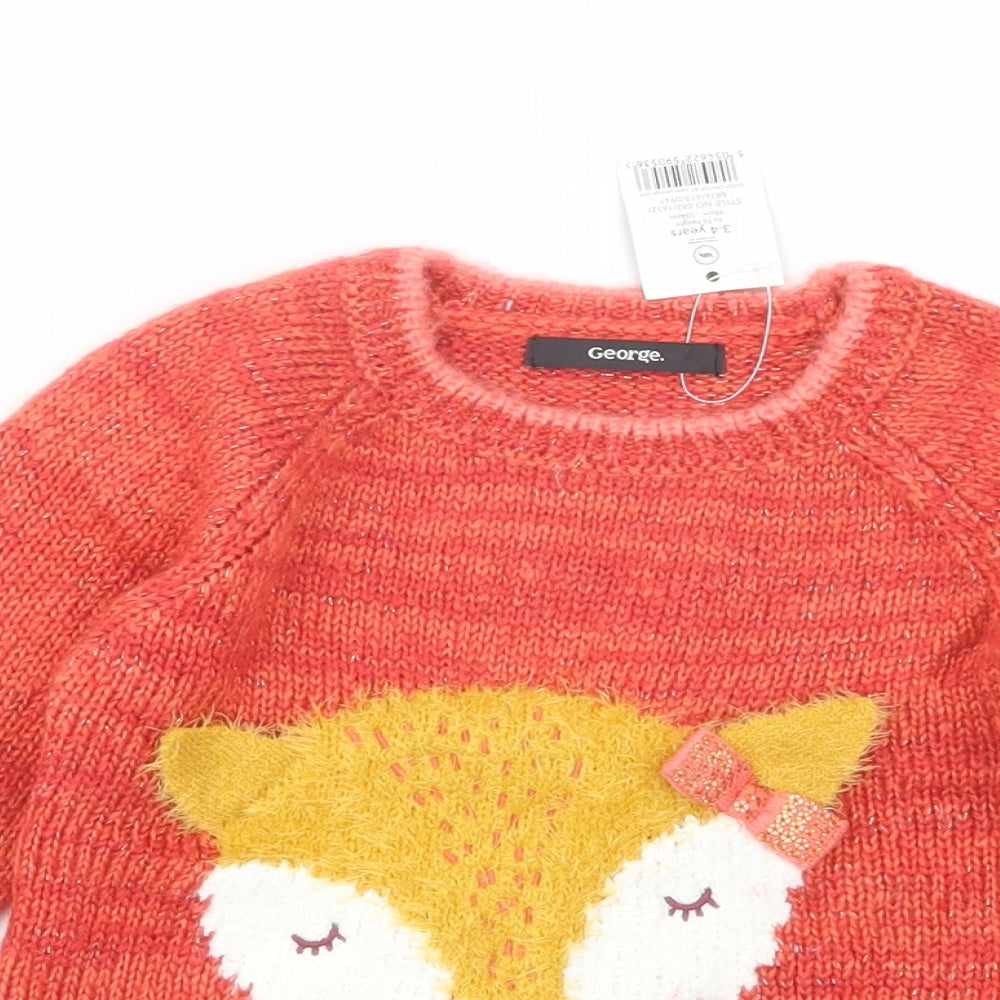 George Girls Orange Crew Neck  Acrylic Pullover Jumper Size 3-4 Years  Pullover - Cute Fox