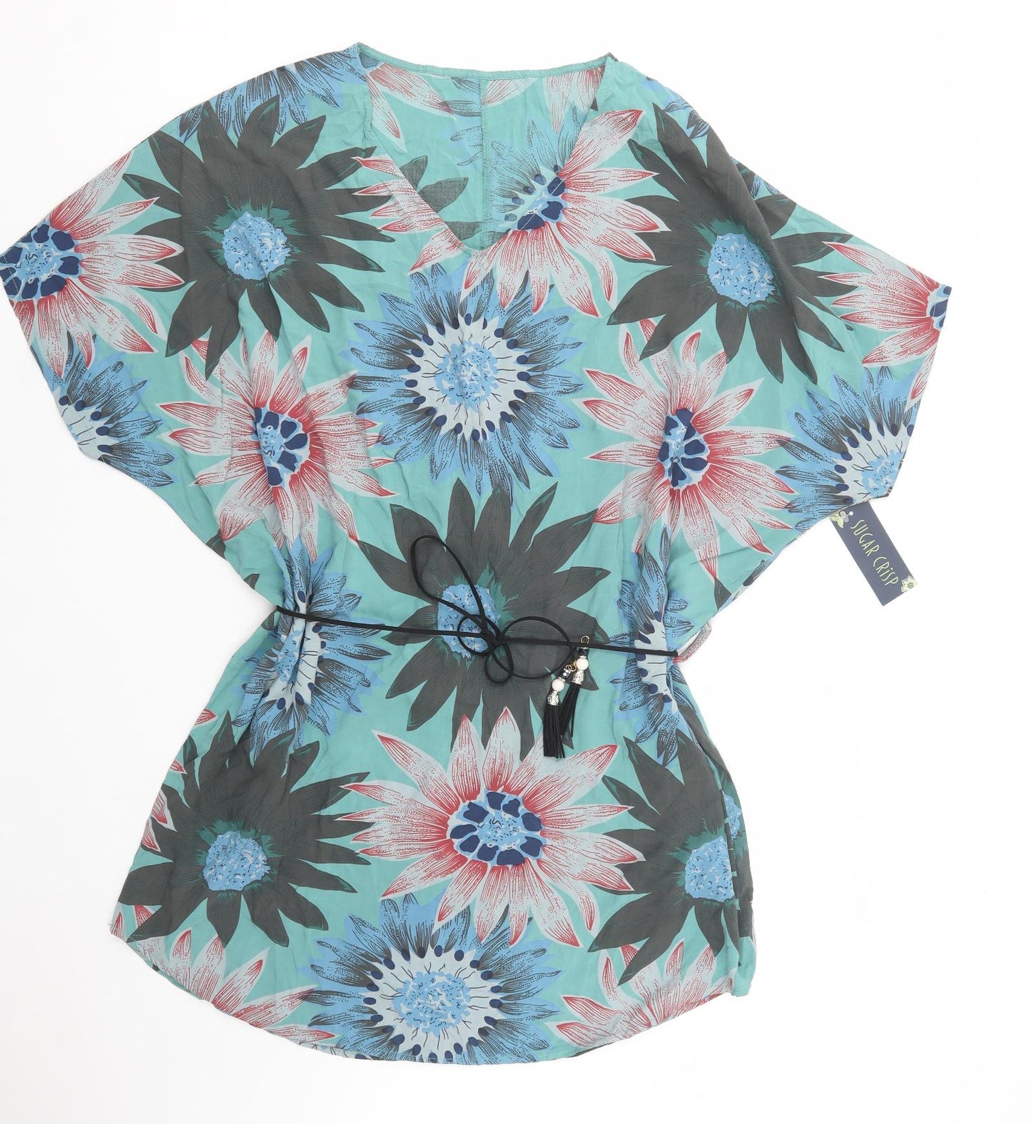 Sugar Crisp Womens Green Floral Viscose Tunic Blouse One Size V-Neck