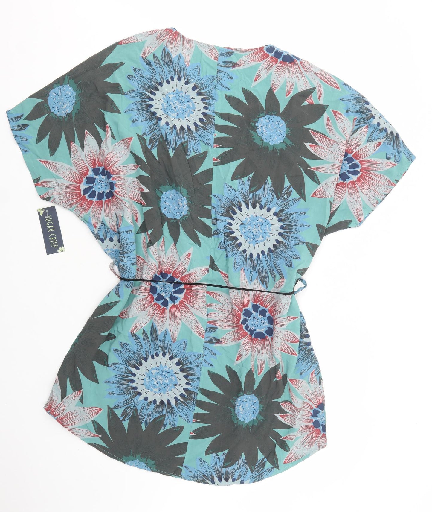 Sugar Crisp Womens Green Floral Viscose Tunic Blouse One Size V-Neck