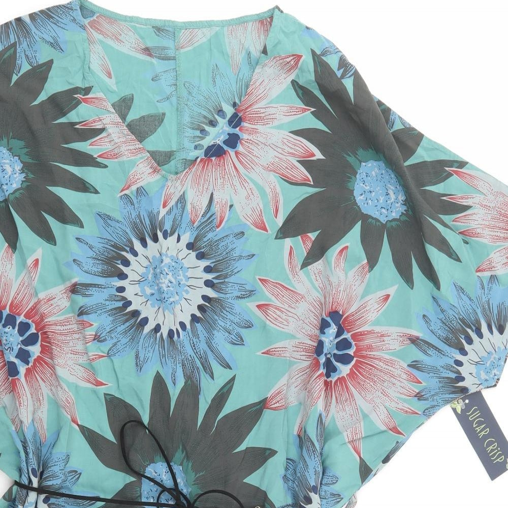 Sugar Crisp Womens Green Floral Viscose Tunic Blouse One Size V-Neck