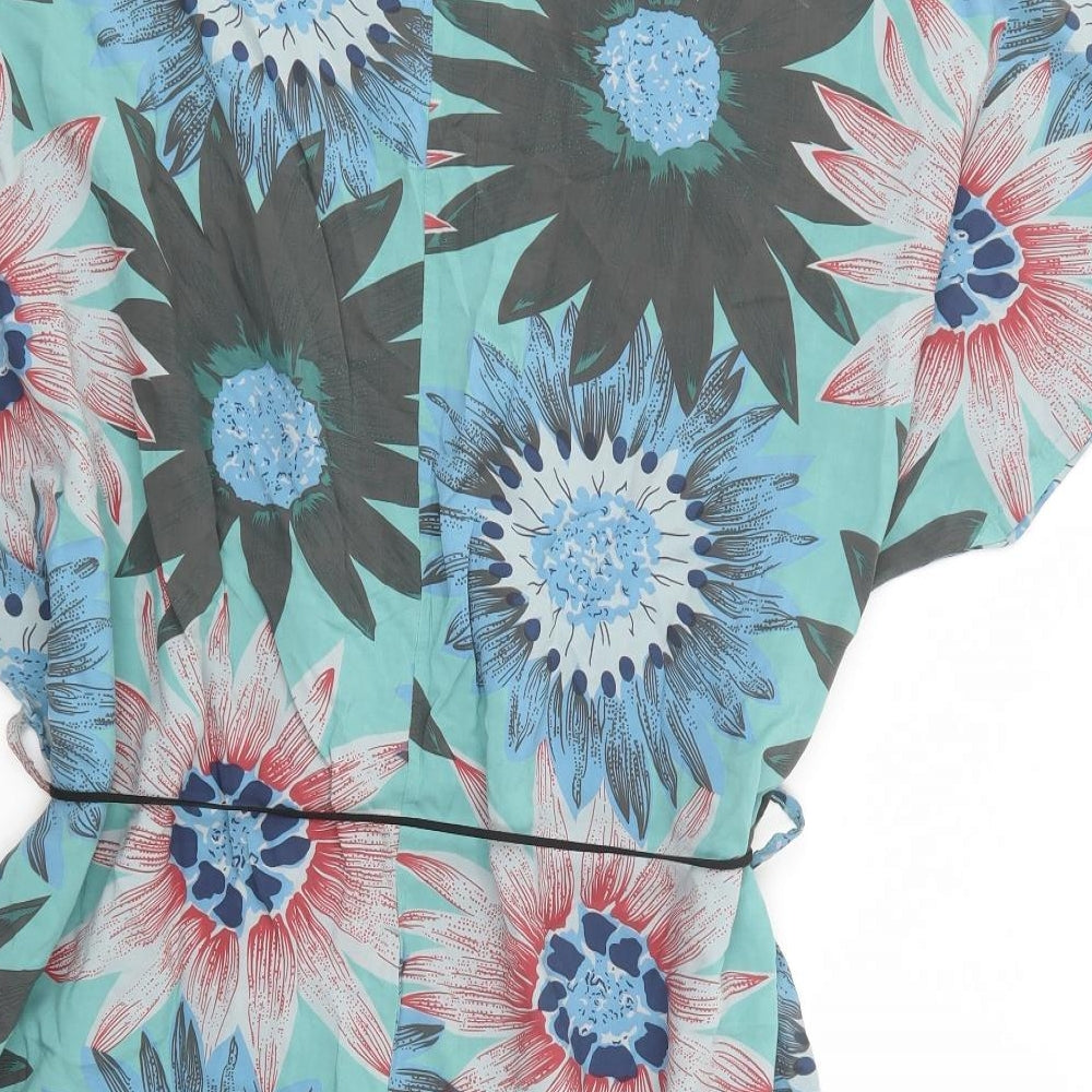 Sugar Crisp Womens Green Floral Viscose Tunic Blouse One Size V-Neck
