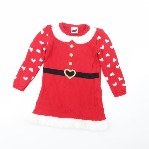 George Girls Red Geometric Cotton Jumper Dress  Size 3-4 Years  Crew Neck Pullover - Christmas Dress
