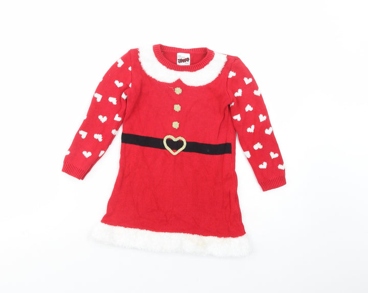 George Girls Red Geometric Cotton Jumper Dress Size 3-4 Years Crew Neck Pullover - Christmas Dress