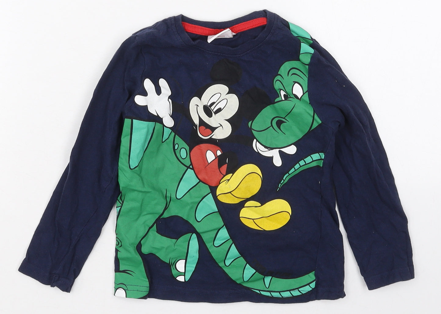 Pep&Co Boys Blue  Cotton Basic T-Shirt Size 3-4 Years Crew Neck Pullover - Mickey Mouse Dinosaur