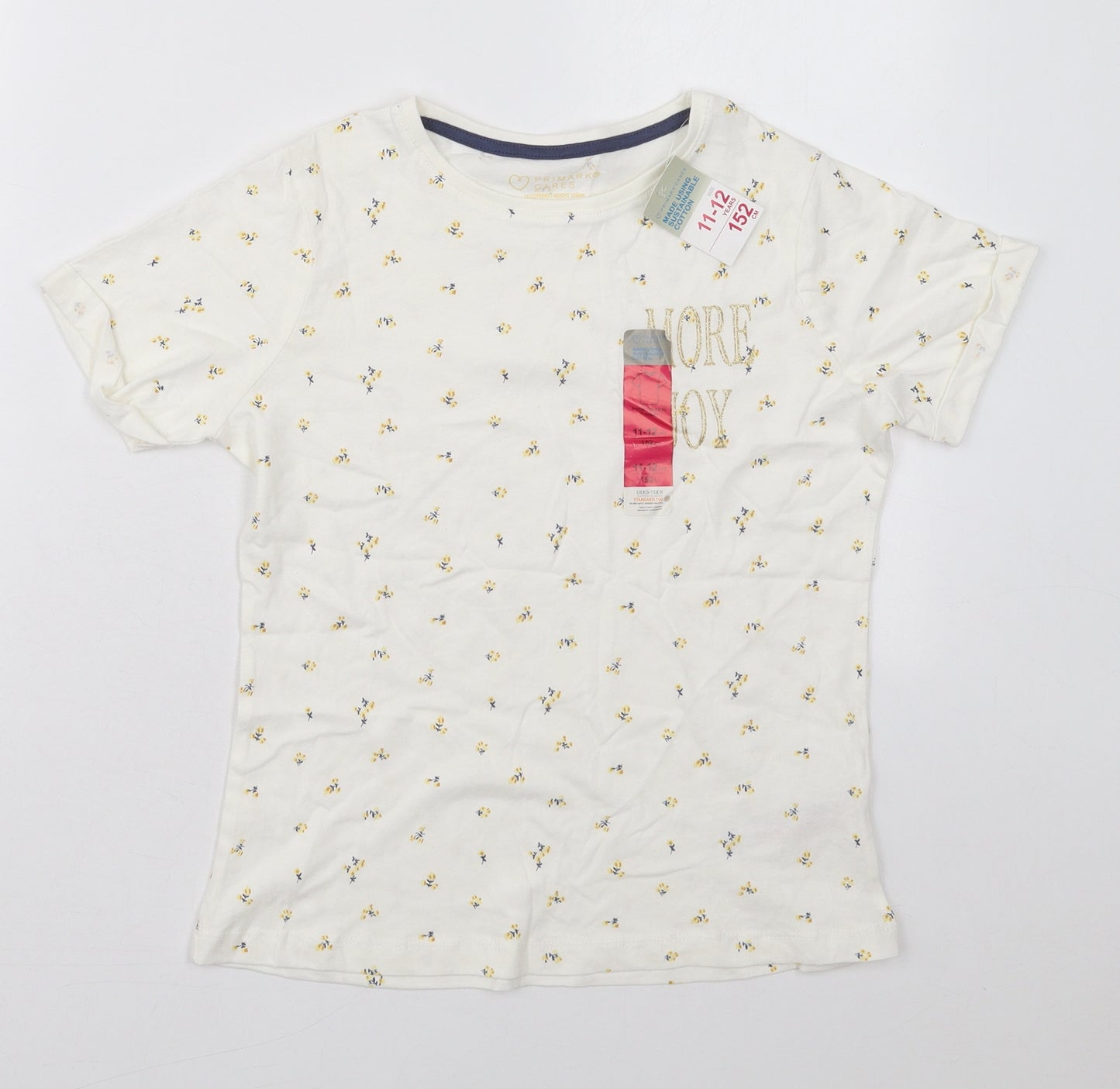 Primark Girls White Floral Cotton Basic T-Shirt Size 11-12 Years Crew Neck Pullover - More Joy