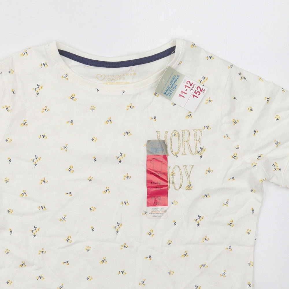 Primark Girls White Floral Cotton Basic T-Shirt Size 11-12 Years Crew Neck Pullover - More Joy