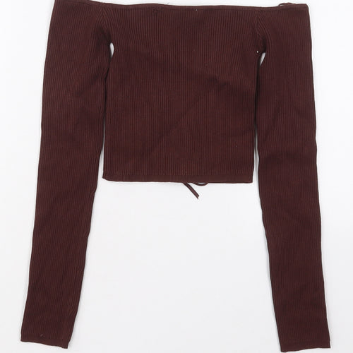 Zara Womens Brown  Viscose Cropped T-Shirt Size S Off the Shoulder