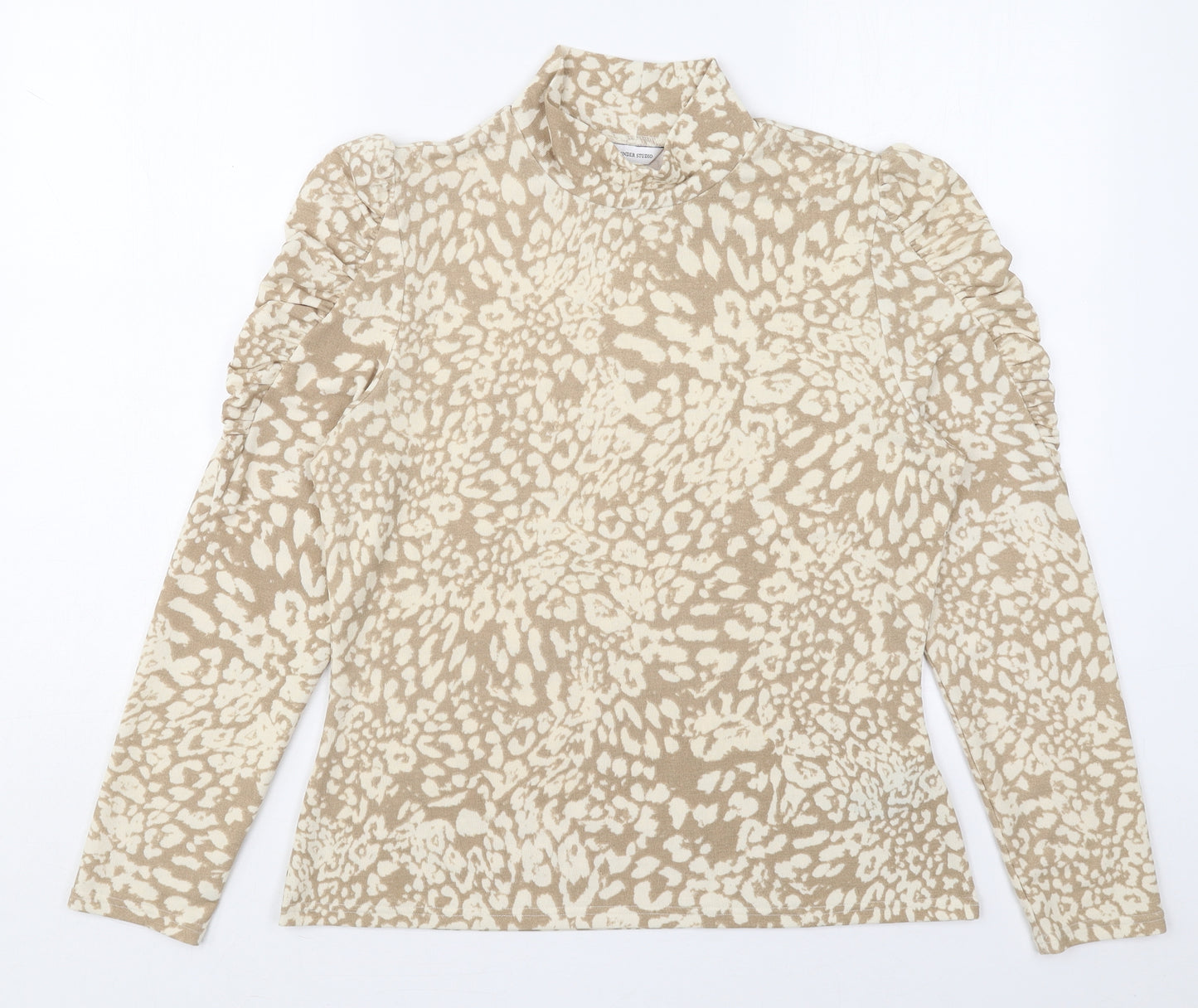 Sonder Studio Womens Beige Animal Print Polyester Basic T-Shirt Size 16 Mock Neck