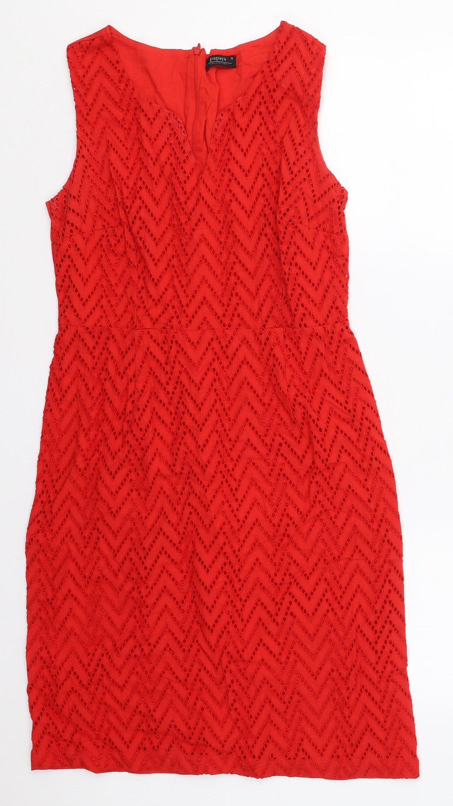 Matalan Womens Red Geometric Cotton Pencil Dress  Size 10  V-Neck Zip