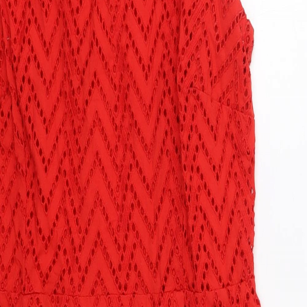 Matalan Womens Red Geometric Cotton Pencil Dress  Size 10  V-Neck Zip
