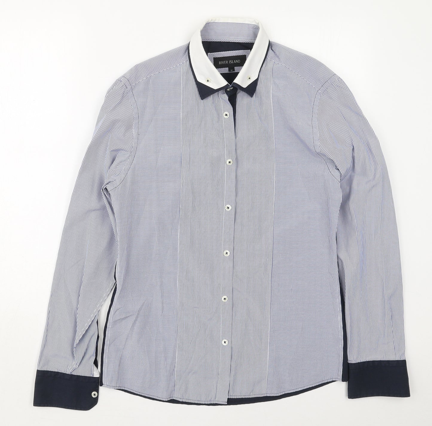 River Island Mens Blue Striped Polyester  Button-Up Size M Collared Button