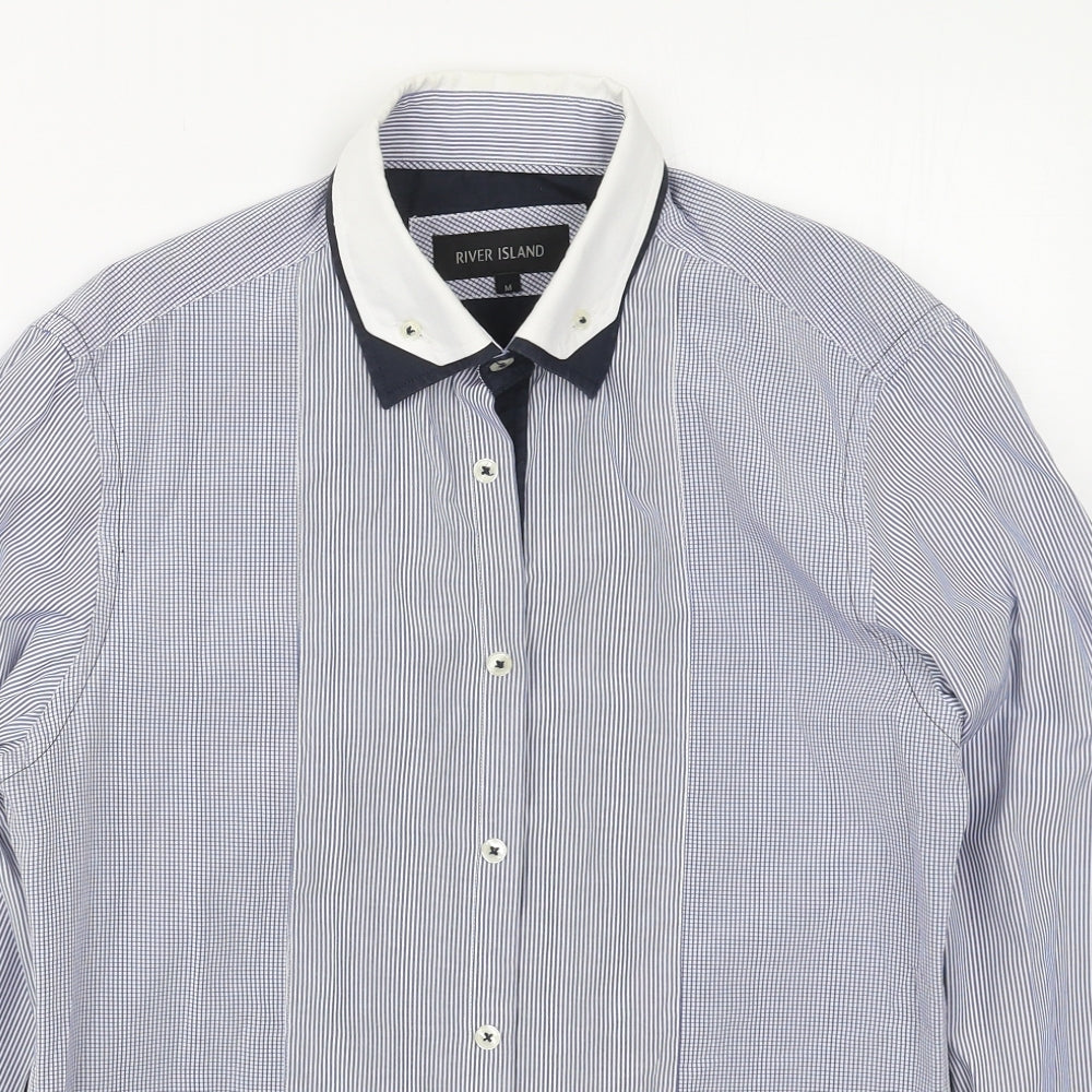 River Island Mens Blue Striped Polyester  Button-Up Size M Collared Button