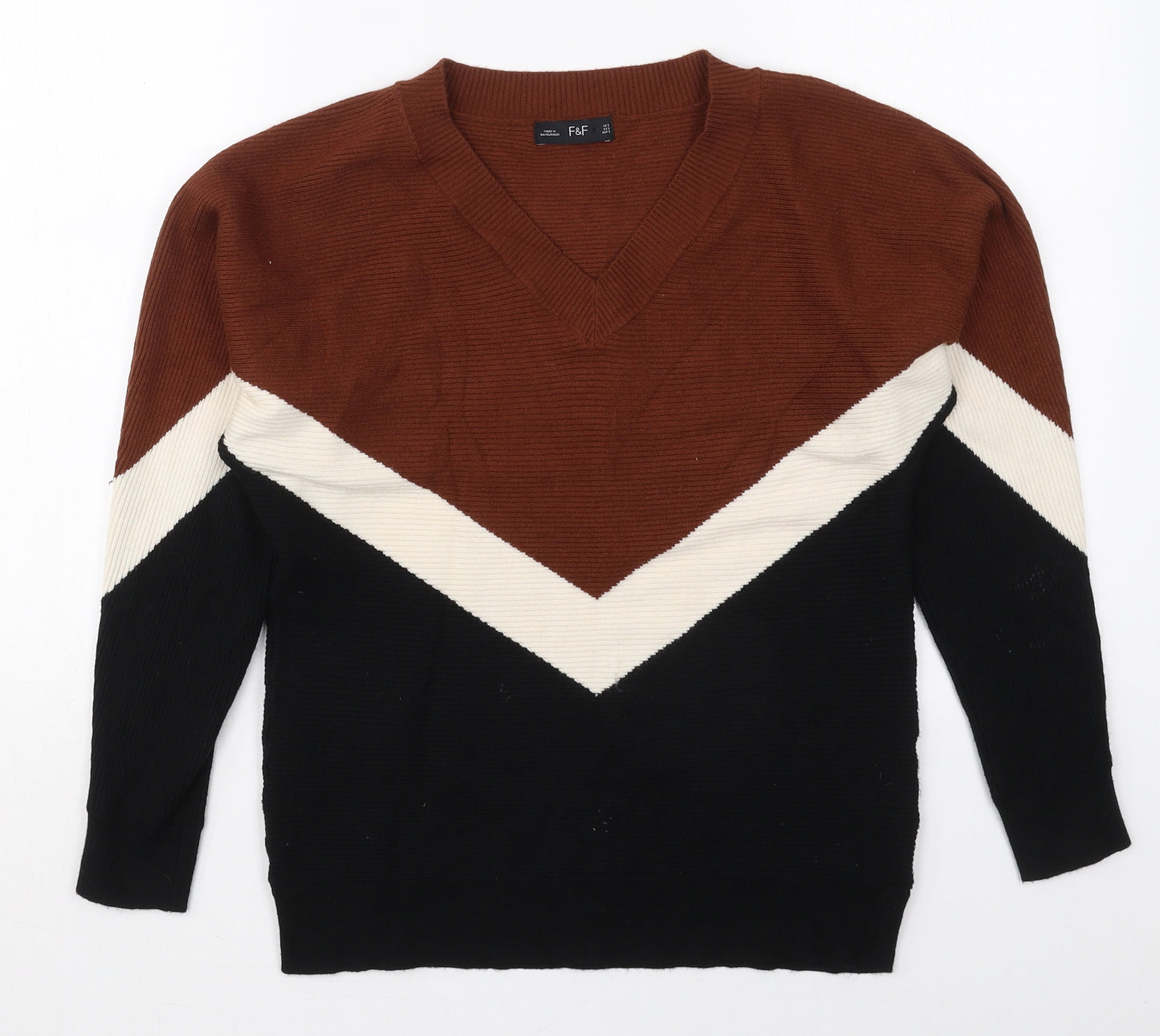 F&F Womens Brown V-Neck  Viscose Pullover Jumper Size S   - Chevron