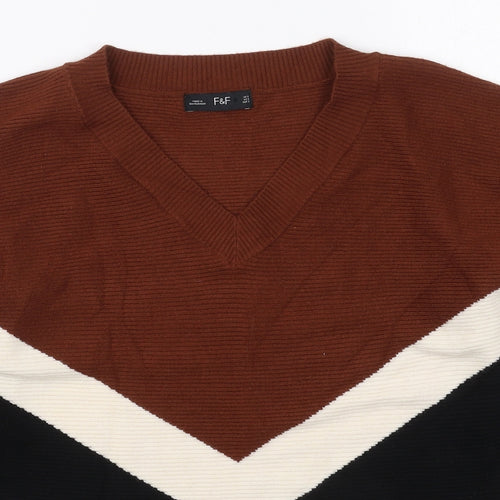 F&F Womens Brown V-Neck  Viscose Pullover Jumper Size S   - Chevron