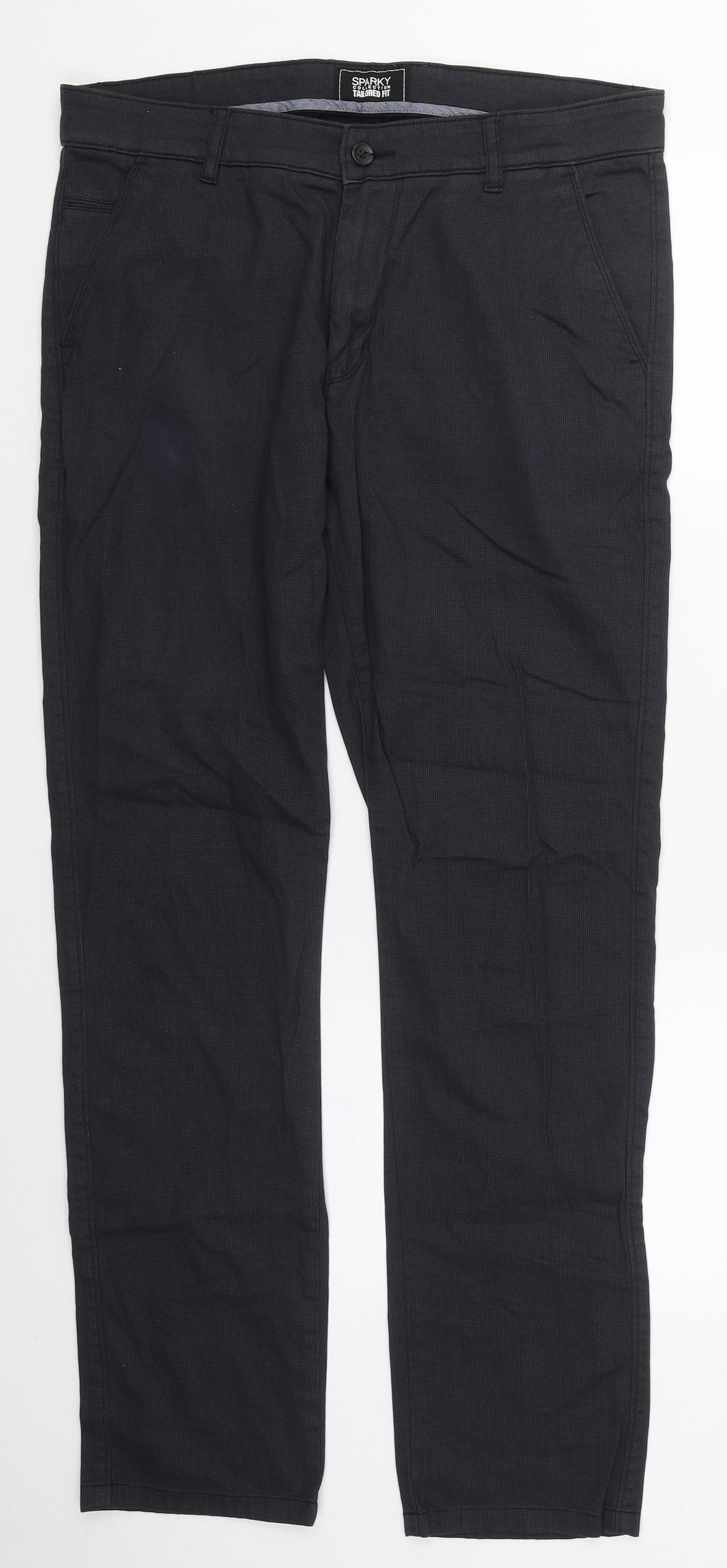 Sparky Mens Blue Check Cotton Trousers  Size 34 L31 in Regular Button