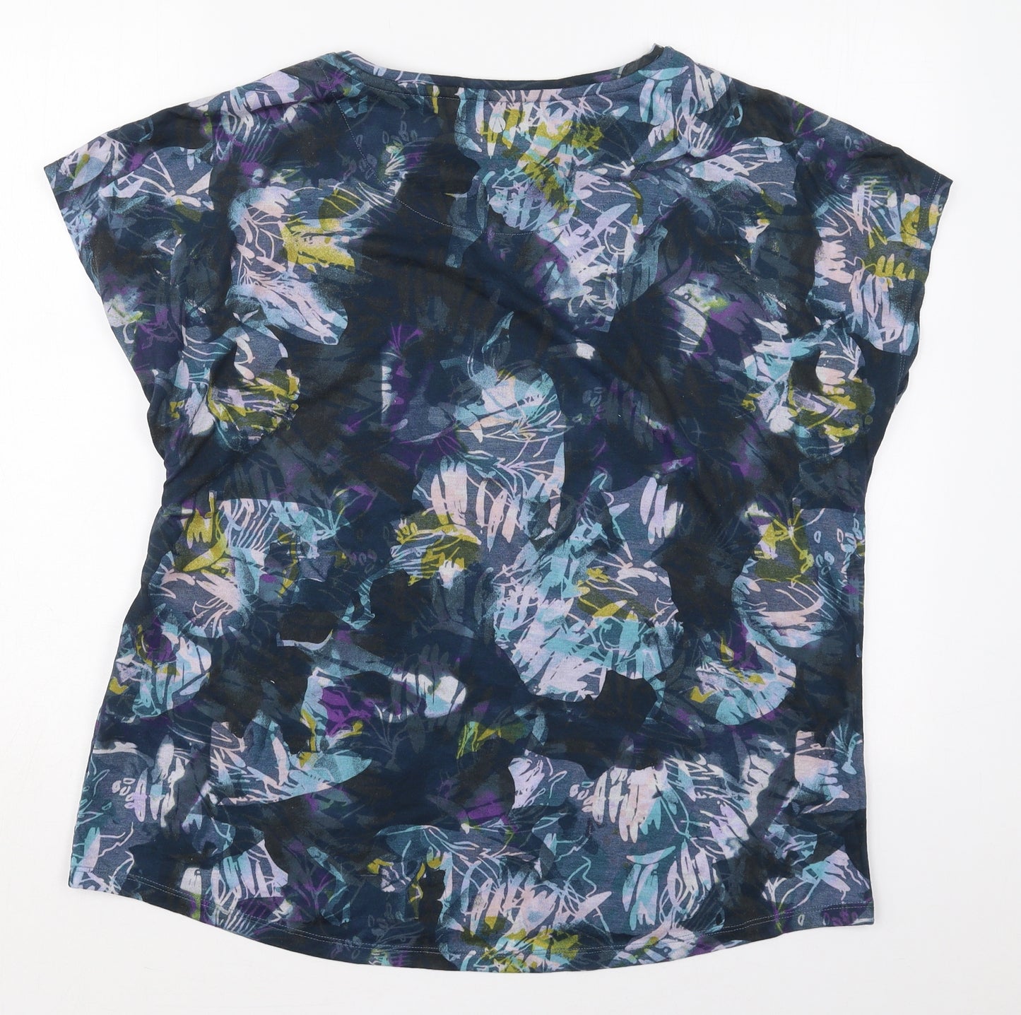 Marks and Spencer Womens Blue Floral Polyester Basic T-Shirt Size 18 Round Neck Pullover