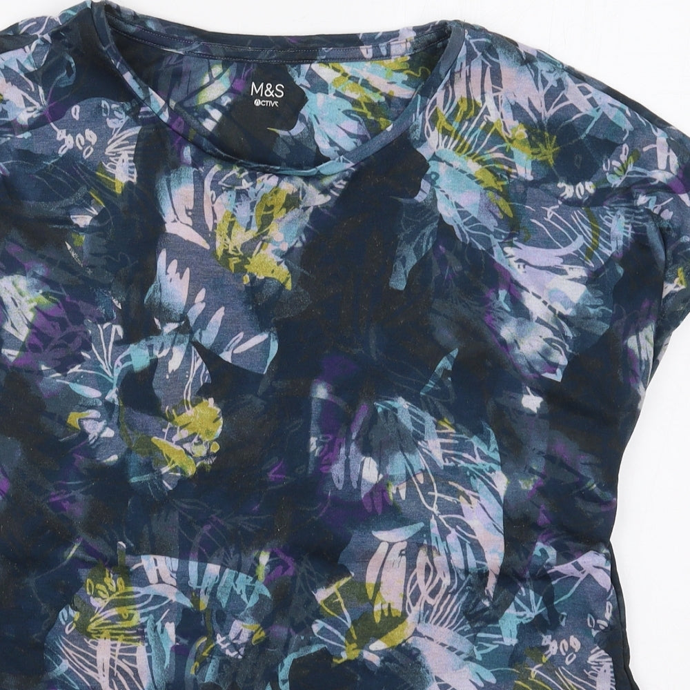 Marks and Spencer Womens Blue Floral Polyester Basic T-Shirt Size 18 Round Neck Pullover