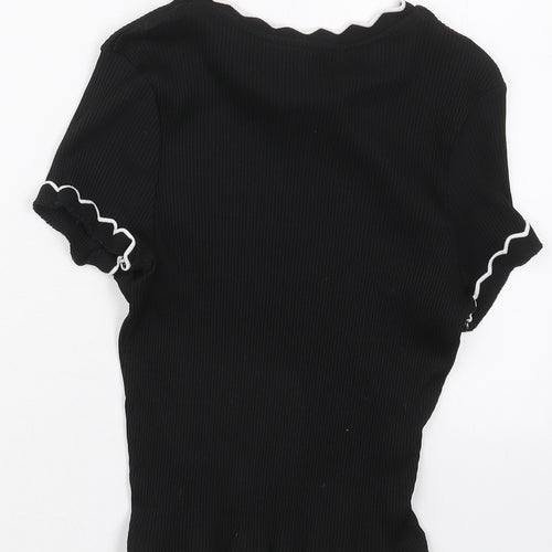Primark Womens Black  Cotton Cropped T-Shirt Size 10 Crew Neck
