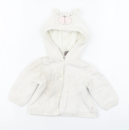 Front view of Tu girls’ white jacket coatigan, size 6-9, months button