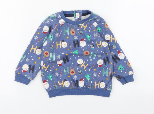 Front view of Matalan boys’ multicoloured geometric polyester jumper, size 6-9, months button - christmas