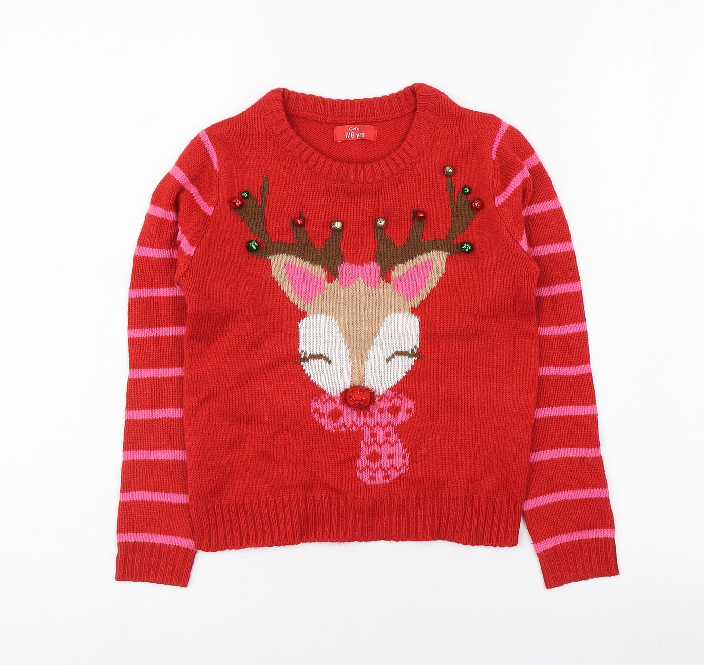 Girl's Girls Red Round Neck Striped Acrylic Pullover Jumper Size 7-8 Years  Pullover - Christmas