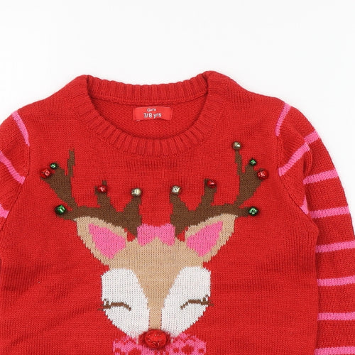 Girl's Girls Red Round Neck Striped Acrylic Pullover Jumper Size 7-8 Years  Pullover - Christmas