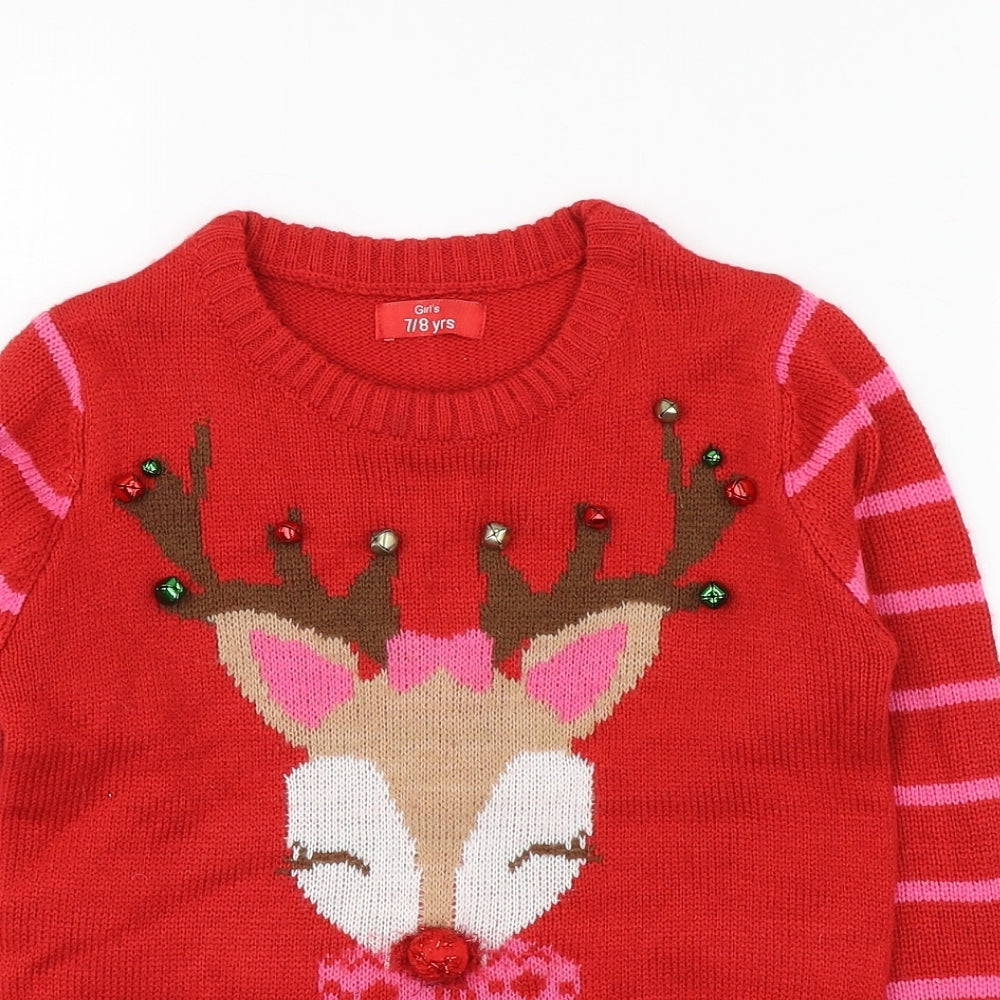 Girl's Girls Red Round Neck Striped Acrylic Pullover Jumper Size 7-8 Years  Pullover - Christmas